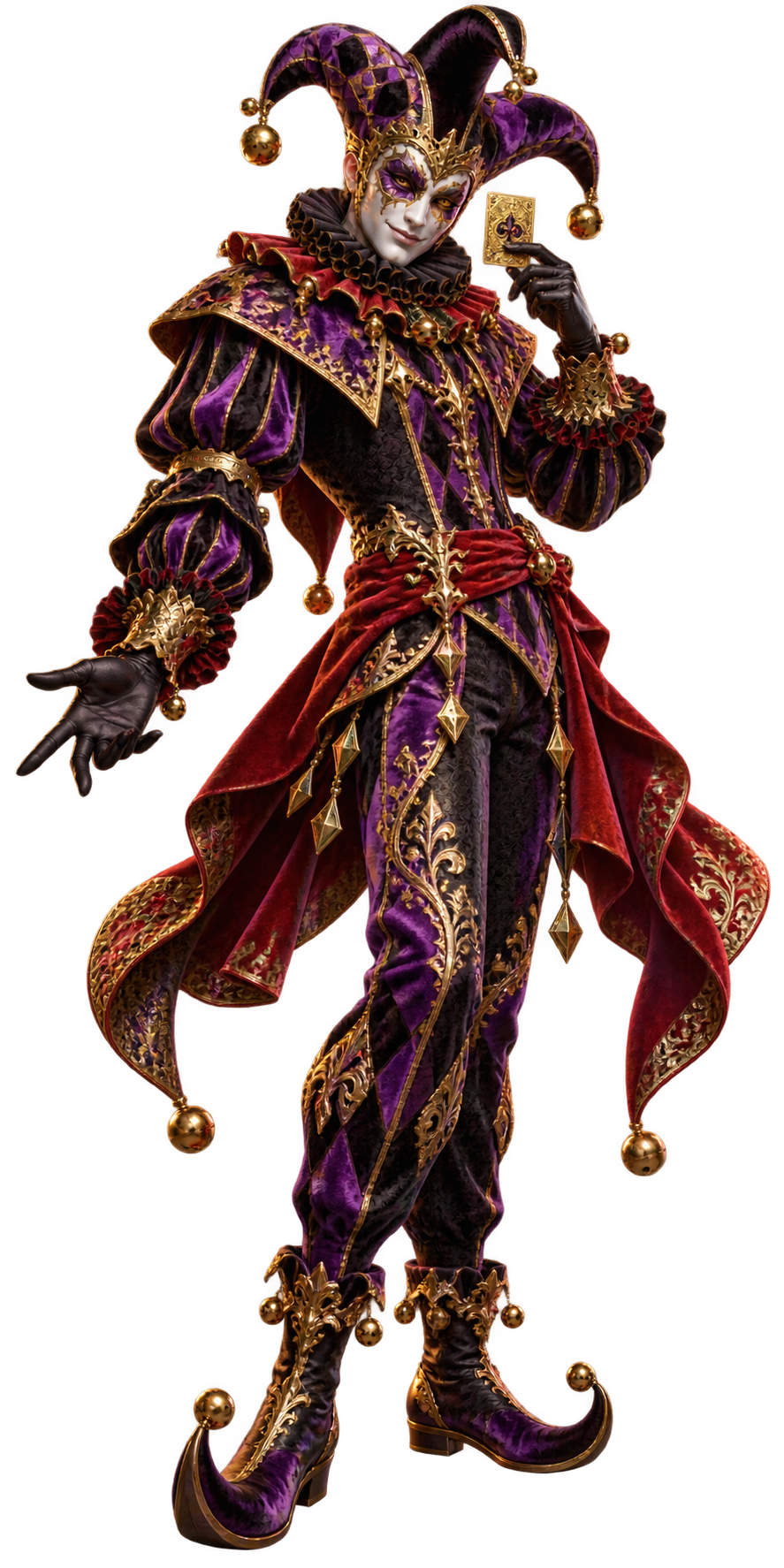Porcelain jester mask with a purple hood and gold bells